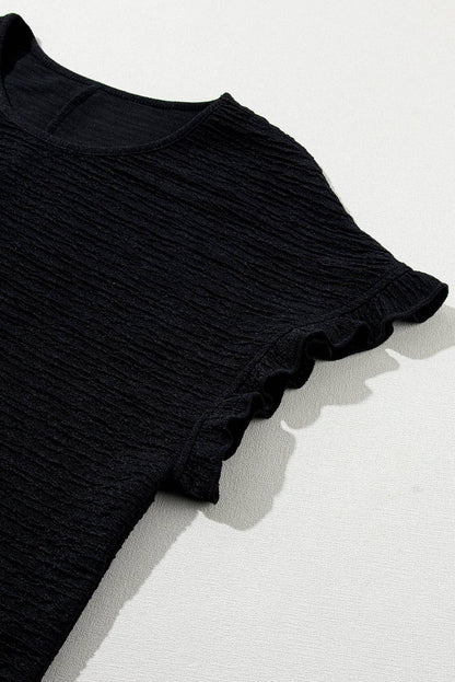 Solid Textured Ruffled Short Sleeve Blouse