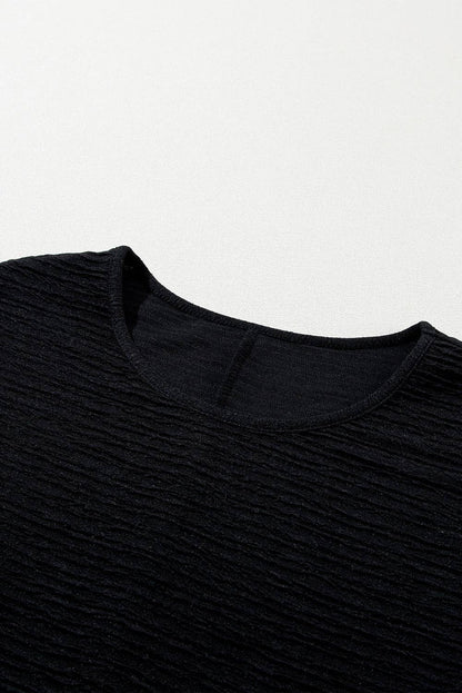 Solid Textured Ruffled Short Sleeve Blouse